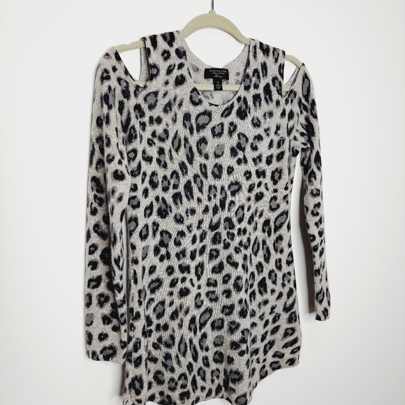 Charter Club 100% Cashmere Cold Shoulder Sweater Animal Leppard Print Small Gray - Picture 6 of 10